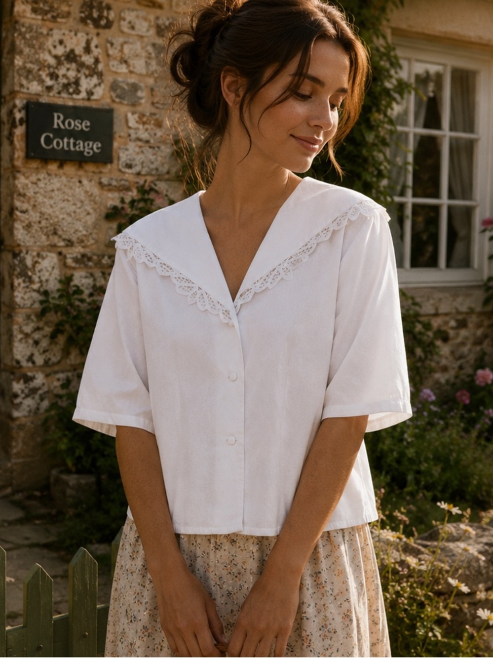 VTG Outback Red White Cotton Shirt Battenburg Lace Collat Size L cottage modest